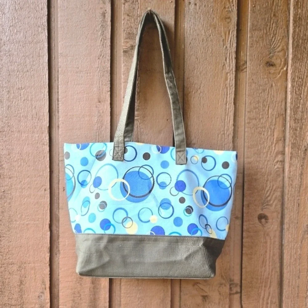 Longaberger Blue Circles Tote Bag Set with 2 Sealed Matching Pouches